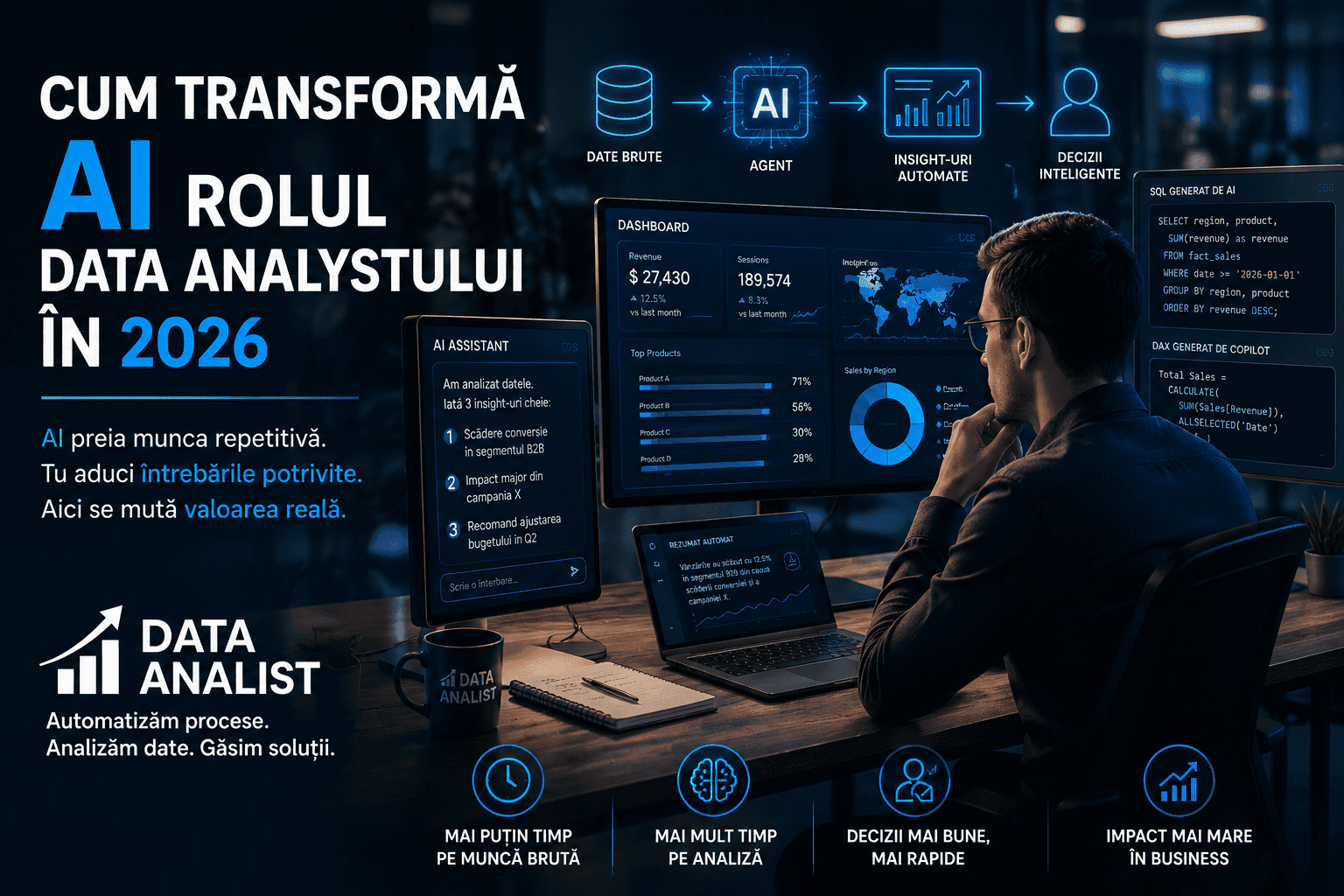 AI și transformarea rolului unui data analyst în 2026 — SQL augmentat de Copilot, agenți AI, Power BI și Tableau Pulse