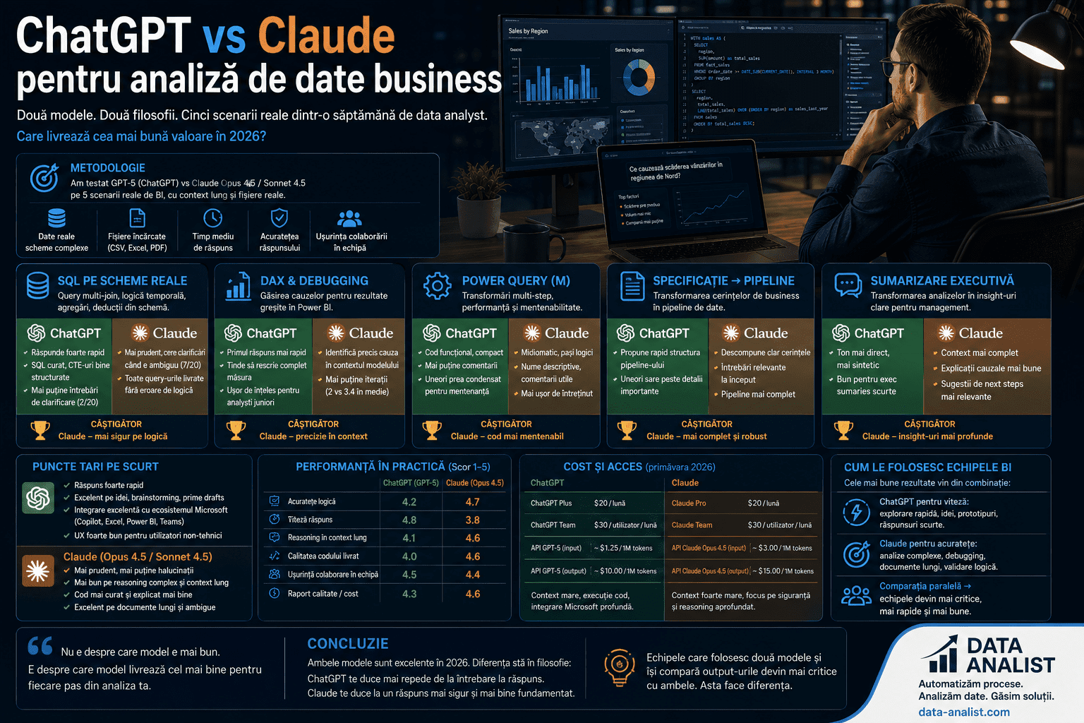 ChatGPT vs Claude pentru analiză de date business — comparație practică pe SQL, Excel, dashboards și raționament complex