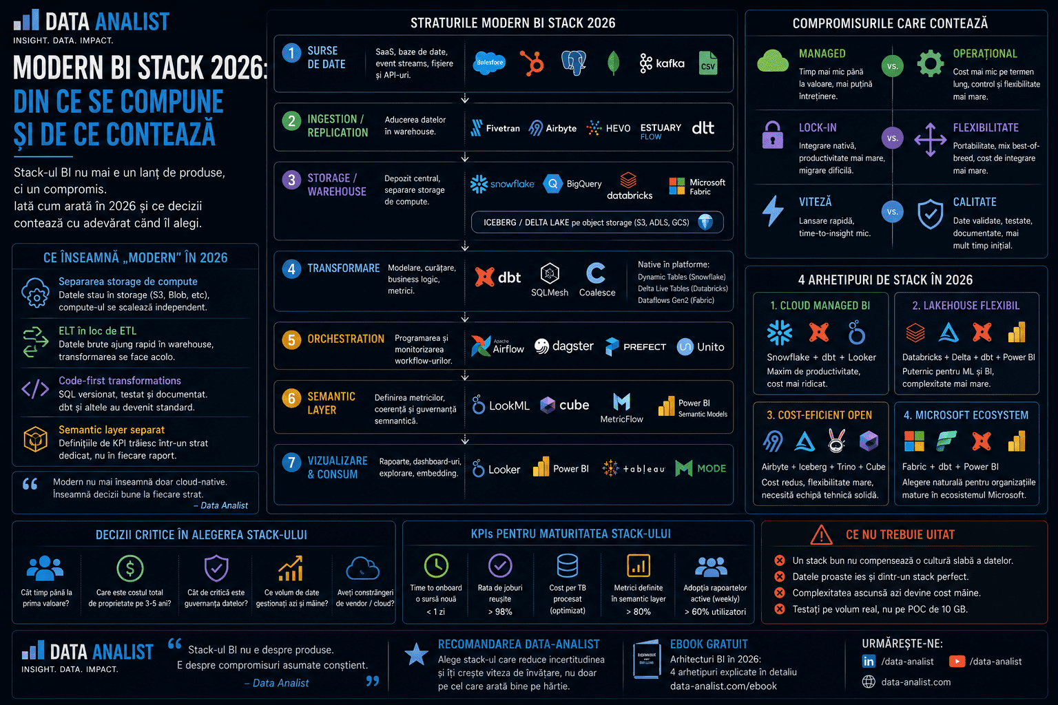 Modern BI Stack 2026 — ingestie, warehouse, transformare, semantic layer, BI tool și AI layer într-o arhitectură coerentă