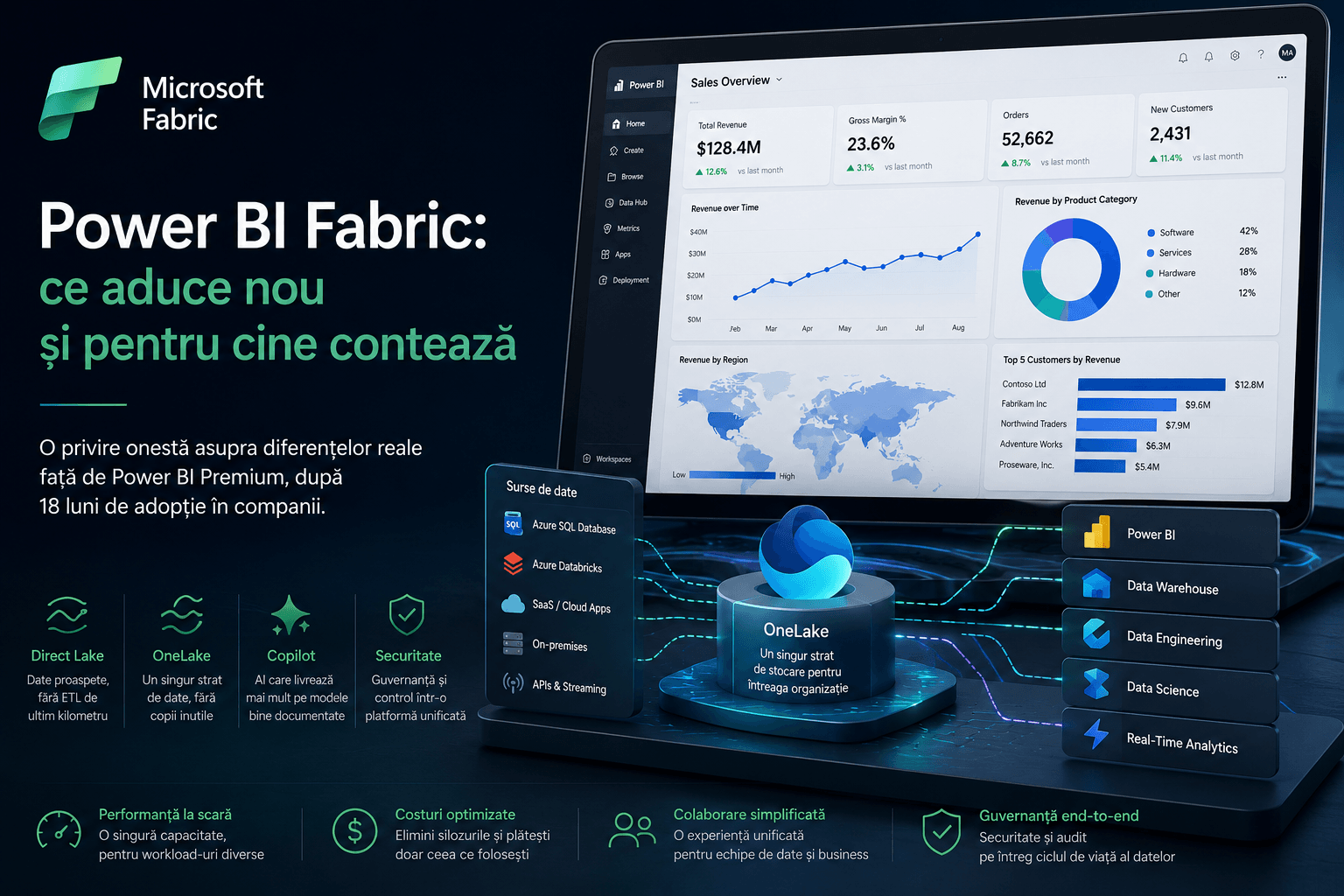 Power BI Fabric: ce aduce nou și pentru cine contează Microsoft Fabric pentru Power BI — OneLake, Direct Lake, semantic models, agenți și unificarea analytics-ului în Azure