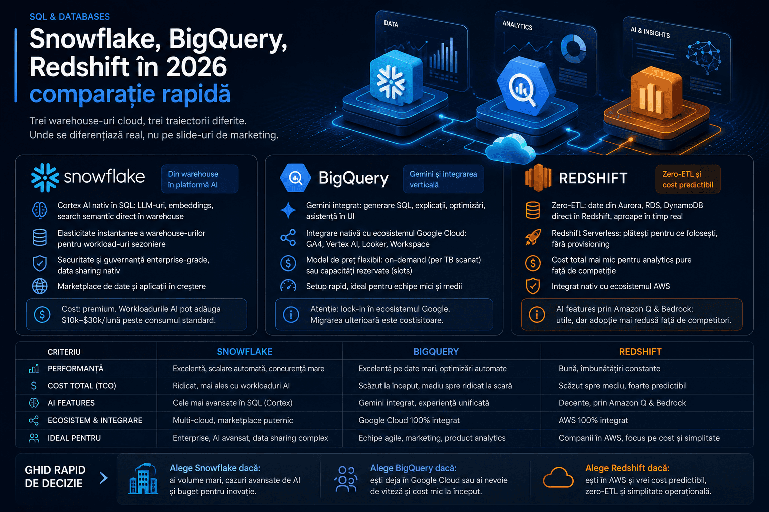 Snowflake vs BigQuery vs Redshift în 2026 — comparație rapidă pe costuri, performanță, ecosistem AI și integrare cu Power BI/Tableau