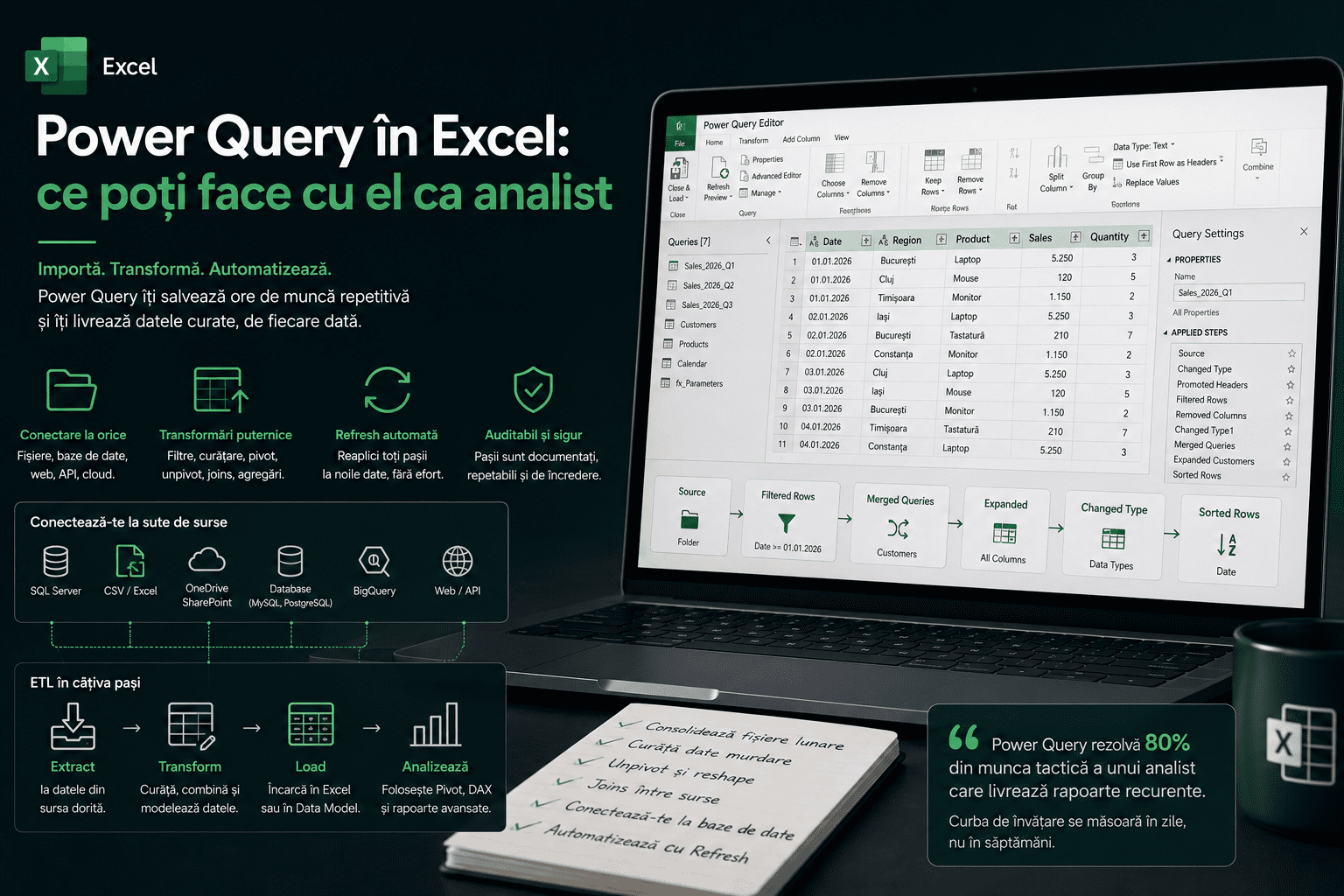 Power Query în Excel pentru analiști — import multi-sursă, transformări vizuale, M language și pipeline-uri reutilizabile