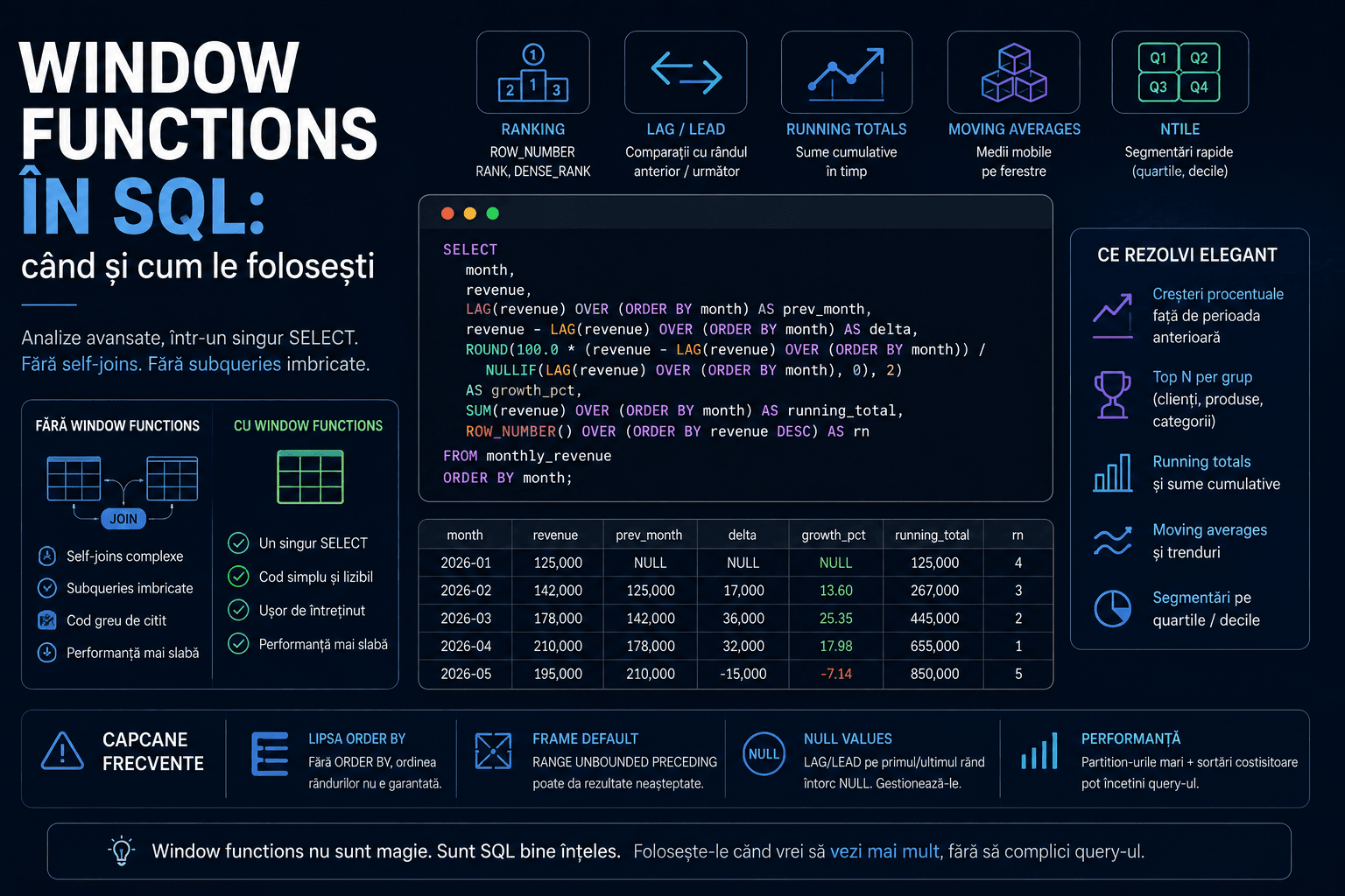 Window Functions în SQL — ROW_NUMBER, RANK, LAG, LEAD, SUM OVER PARTITION pentru analiză avansată