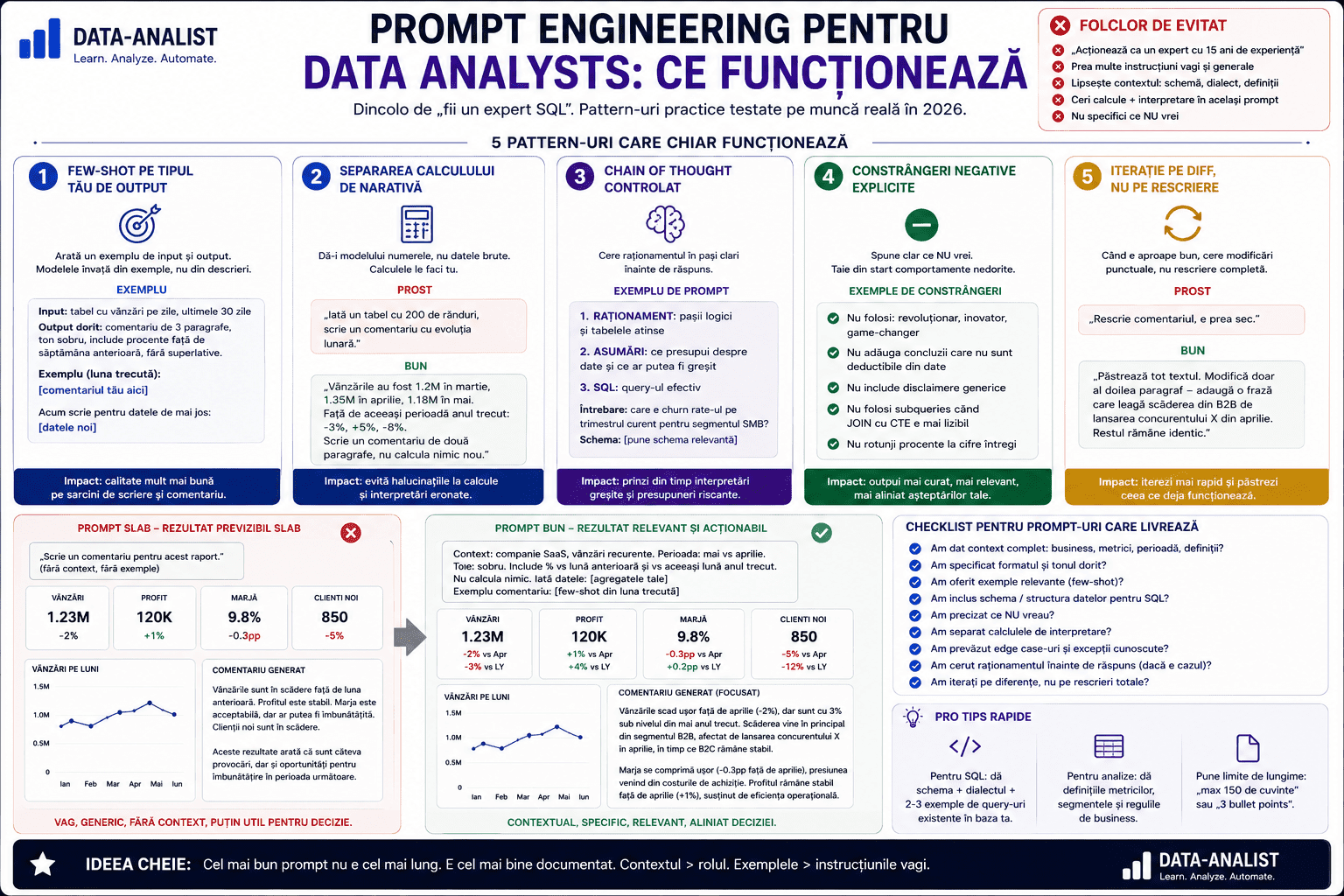 Prompt engineering pentru Data Analysts — pattern-uri pentru SQL, Excel, dashboards, sumarizare și raționament pe date