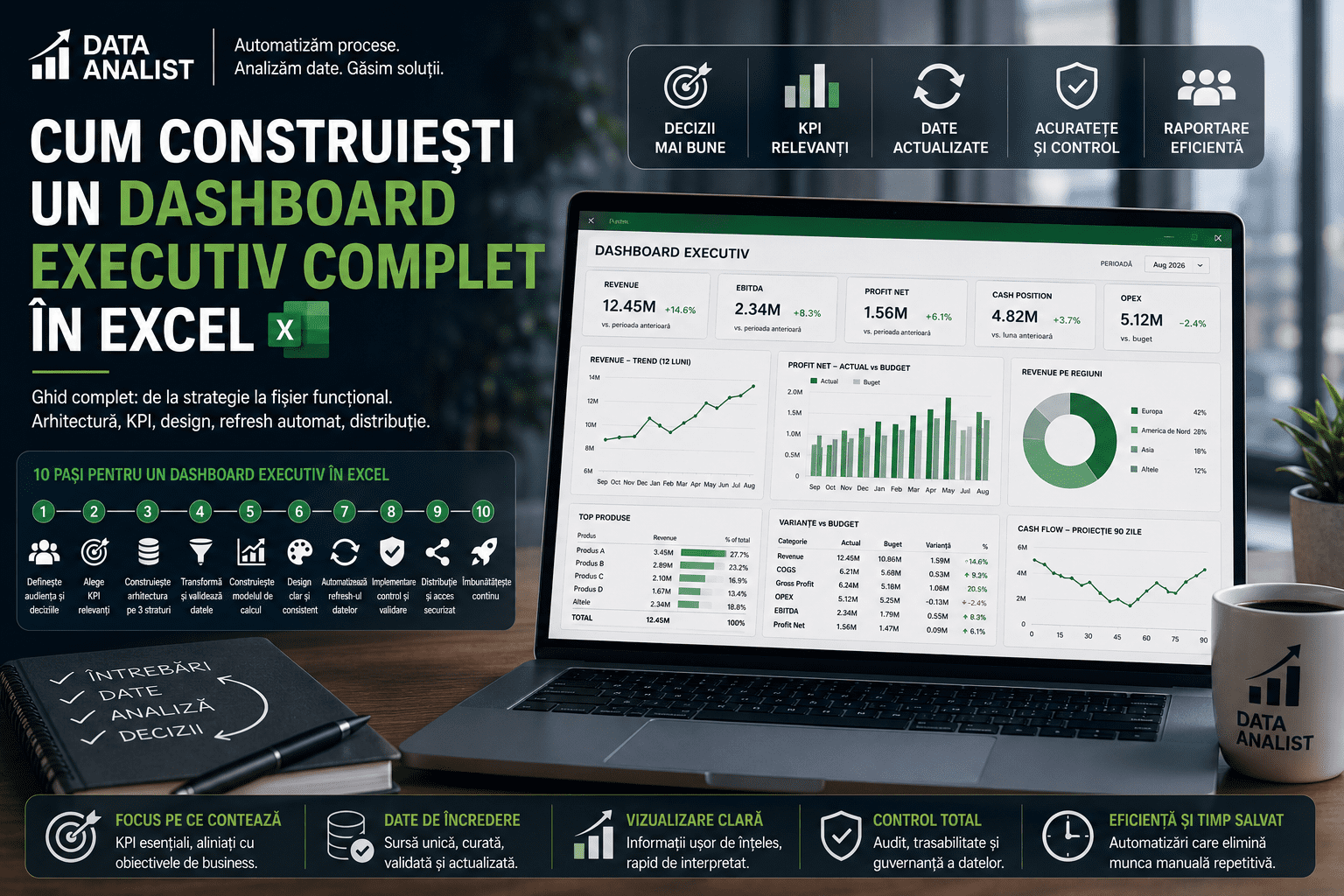 Cum construiești un dashboard executiv complet în Excel Dashboard executiv complet în Excel — arhitectură pe trei straturi, Power Query, Power Pivot, KPI, refresh automat