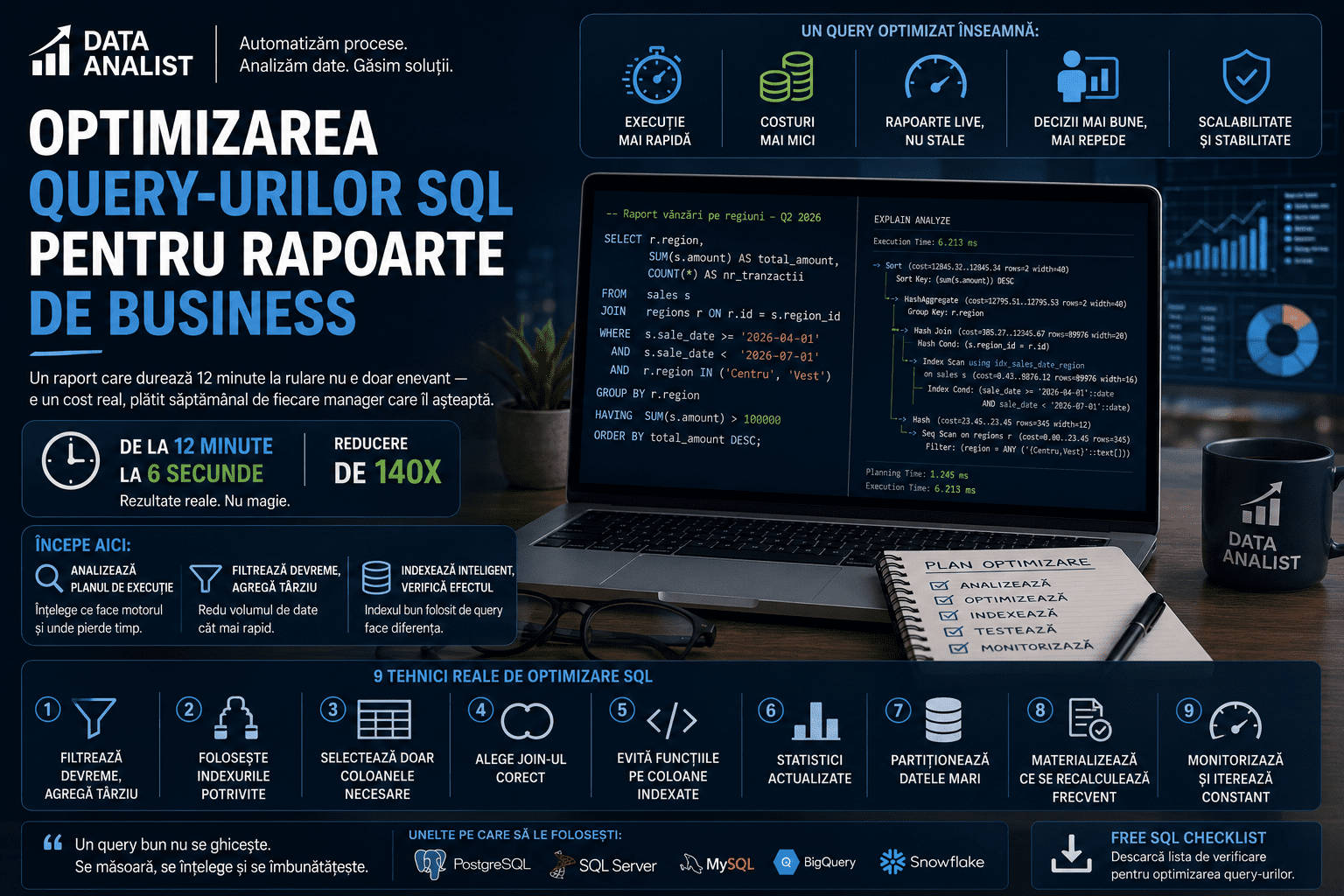Optimizarea query-urilor SQL pentru rapoarte de business Optimizare query SQL pentru rapoarte business — EXPLAIN ANALYZE, indexes, JOIN-uri rescrise, reducere 12 min la 6 sec