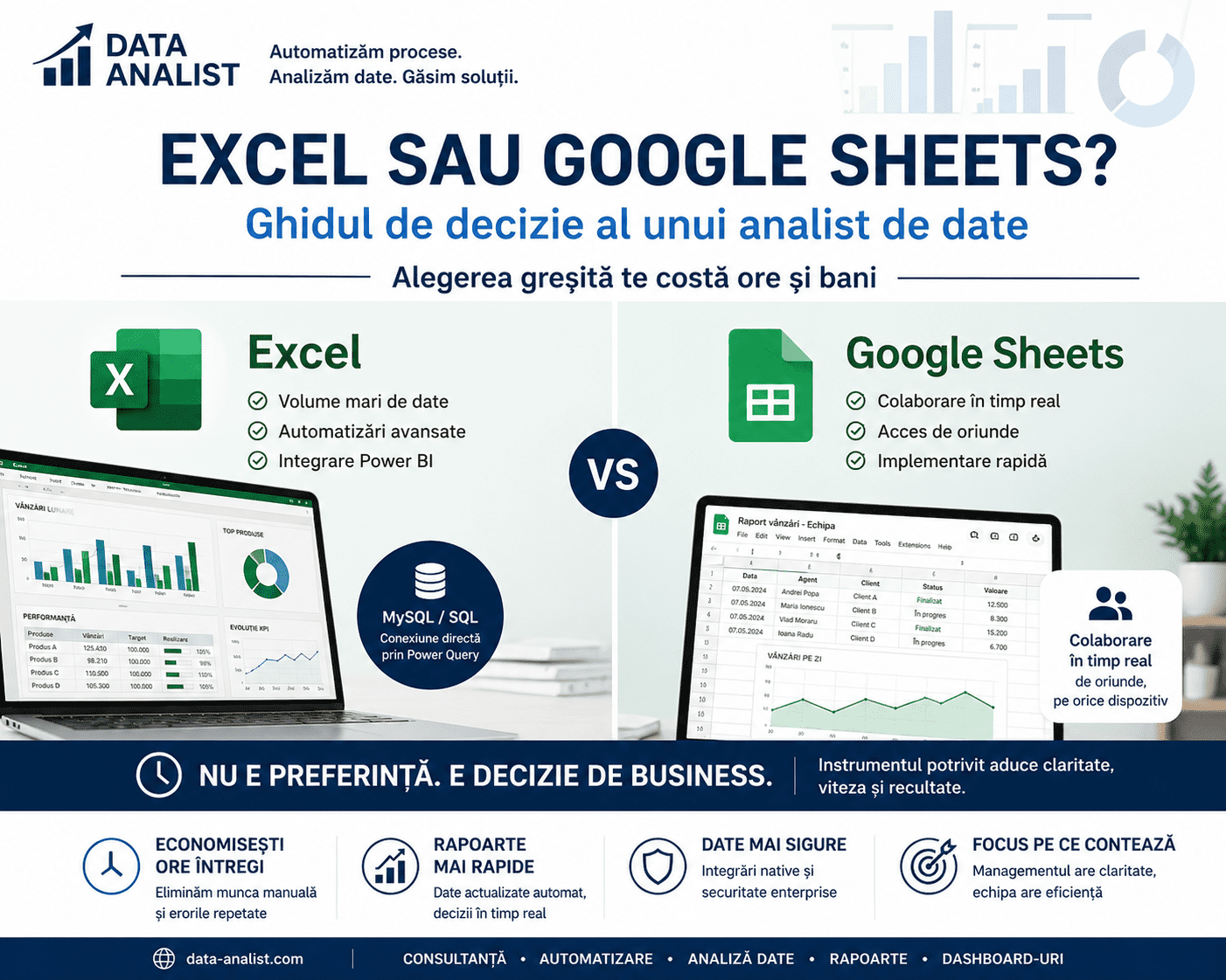 Comparație Excel vs Google Sheets pentru firme – ghid analist de date